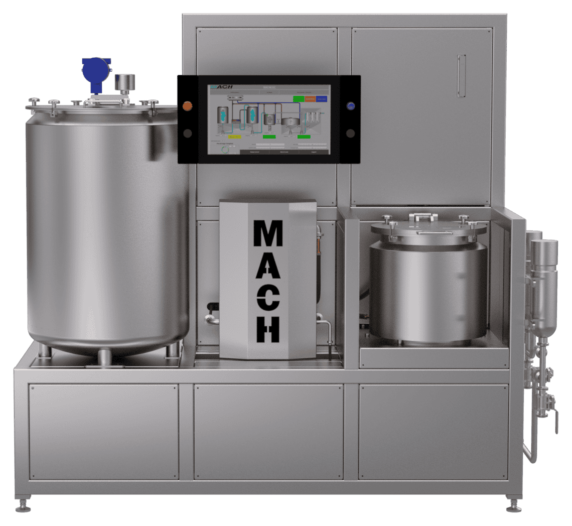 MACH Technologies EES-X turnkey ethanol extraction system: a stainless-steel process skid with a jacketed extraction vessel, filtration basket and touchscreen operator interface.